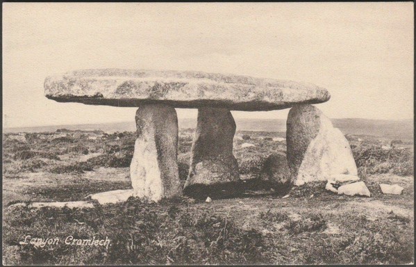 A vintage printed postcard showing Lanyon Cromlech or Lanyon Quoit, a portal tomb or dolmen in the parish of Madron in West Cornwall. The monument fell in 1815 and was re-erected in 1824, though to a lesser height.