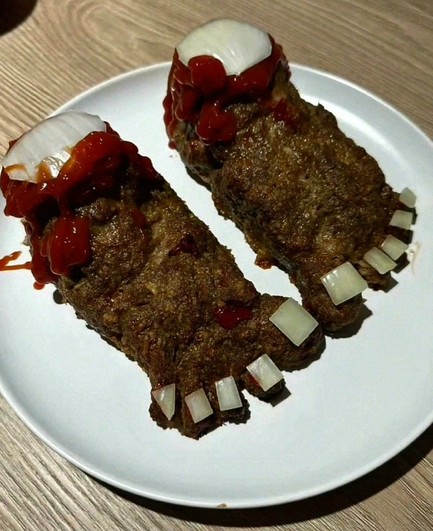 Meatloaf dish made to look like feet that were cut off of a body. Go ahead. Taste it.