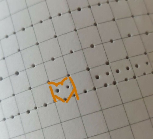 karopapier mit ganz vielen kleinen löchlein hinein gestochen.
ein teil der löcher sieht aus wie eine reihe füchse die nebeneinander über ein mäuerchen schauen.