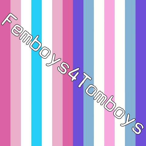 Diagonal text "Femboys4Tomboys" over vertical stripes in blue, pink, purple, and white, conveying a colorful and inclusive theme.