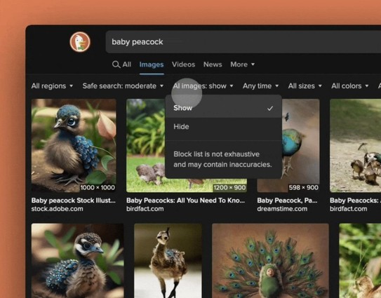 [ImageSource: DuckDuckGo]

Users can test the feature by performing an image search and selecting the drop-down option labeled “AI images: show” or “AI images: hide”. The filter operates based on manually curated open-source blocklists containing known AI image sources, including major contributions from uBlock Origin and the uBlacklist Huge AI Blocklist.

👾Also you can turn on the filter in their search settings by tapping the “Hide AI-Generated Images” option.👾

It’s worth noting that DuckDuckGo’s example for the new feature depicts an image search for a baby peacock, likely in reference to Google facing controversy last year for showing more AI-generated images of baby peacocks rather than real-life images when conducting an image search for the bird.

<https://tech.yahoo.com/ai/articles/google-ai-slop-invasion-feels-130000513.html>

According to DuckDuckGo, these resources significantly reduce the presence of AI-generated images in the results, although the company acknowledges the system may not block every such image.