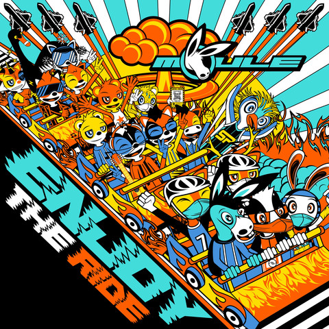 The cover artwork of Enjoy the Ride, showing several anthropomorphic cartoon animal characters coloured turquoise, dark blue, orange, yellow, black, and white all riding a roller coaster in front of an explosion and six warplanes in the background against a big sun and turquoise sky. The words "Enjoy the Ride" are in the bottom-left on a black triangle which the rollercoaster rides down.