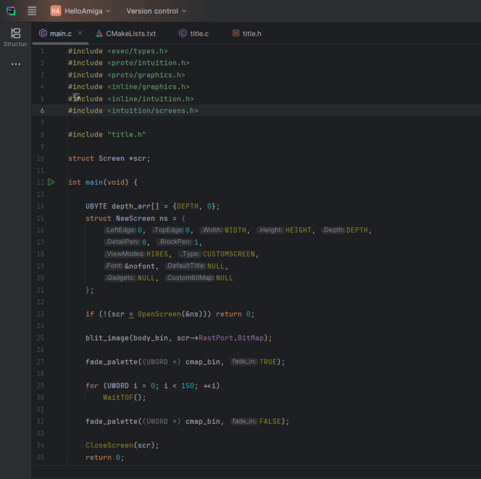 A screenshot of the JetBrains CLion IDE in dark mode showing some Amiga C code.