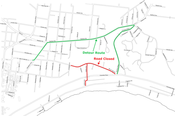 Map of Cincinnati
oads in East Walnut Hills will be closed for that week:

William Howard Taft Road between Torrence Parkway and East McMillan Street Collins Avenue between Riverside Drive and Taft Gladstone Avenue Taft Road Lane Heatherhill Lane
The city recommends drivers and residents use Torrence Parkway, Madison Road and Woodburn Avenue as a detour.
