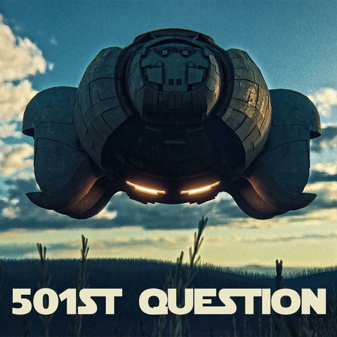 A spaceship hovering over a prairie at dusk.  "501st Question" is written on the bottom of the image.