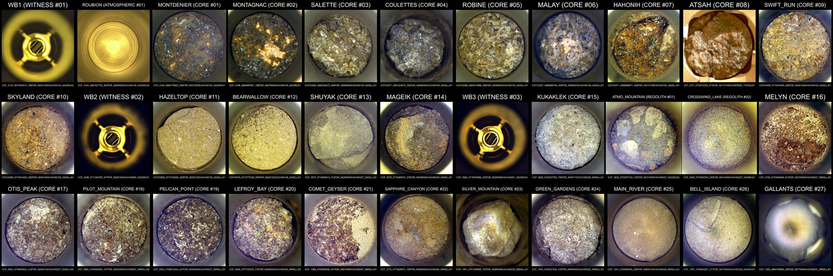 A composite grid showing the open ends of 33 small  sample tubes collected by NASA’s Perseverance rover on Mars. Each tube interior—visible as a circular opening—is filled with light to dark speckled materials, representing individual  samples. The tubes are arranged in 3 rows and 11 columns on a dark background; many display distinct textures or colors. Each is labeled with a different identifier.