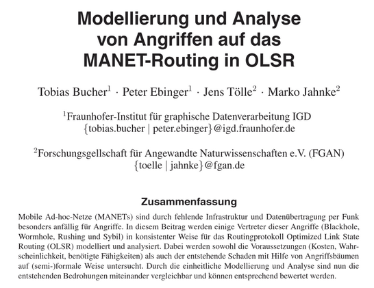 Top page of a scientific paper about modeling and analysis of attacks against routing in OLSR networks.