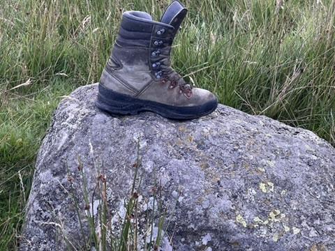A solitary boot abandoned on a rock by the road