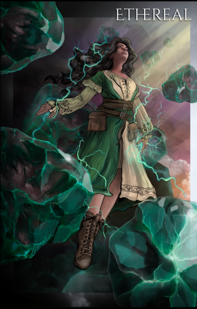 A woman floating in the sky surrounded by green boulders, she keeps afloat using green static lightning. She's looking up over the horizon to the right, into a few rays of sunshine. She's wearing a green and beige dress with multiple belts and is wearing sturdy brown boots. Her black hair is waving in the air. It's colourful, epic, and glorious.