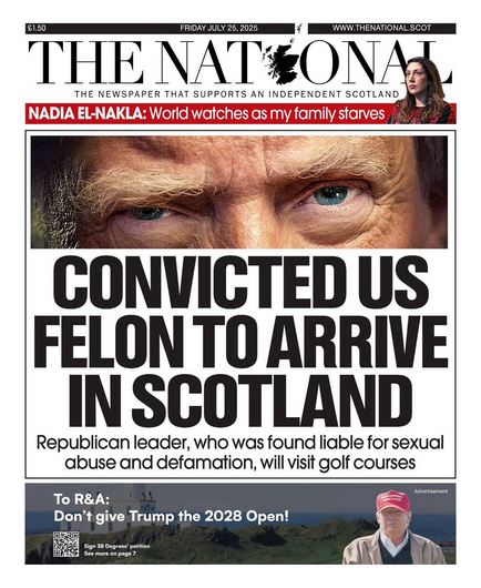 Headline reads CONVICTED US FELON TO ARRIVE IN SCOTLAND