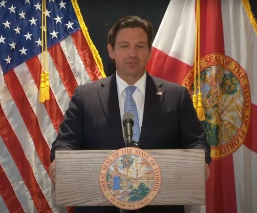 Gov. Ron DeSantis hosts a news conference at the Manatee Performing Arts Center on Thursday, July 24, 2025, in Bradenton, Florida.