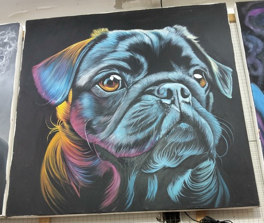 a painting of a pug from its shoulders up, it is dark, done in tones of electric blues and oranges and pinks, it is looking to the right, against a dark background