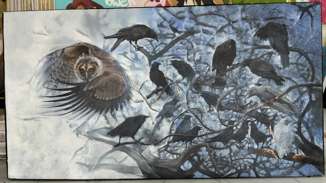 a painting of an owl flying around a leafless tree filled with mostly black crows, some grey, fog rolling through, the owl looking at the viewer, super spooky