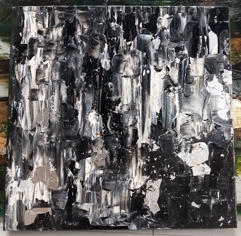 an abstract painting, different tones of blacks and whites raining down