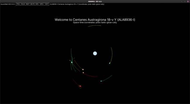 A screenshot of SoundWell 3(D)! It shows a number of planets orbiting a bright sun in the middle. There is text on the screen which says some nonsense generated information derived from the random seed used to make this particular arrangement of planets.