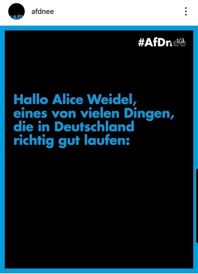® afdnee :
#AfD
Hallo Alice Weidel,
eines von vielen Dingen,
die in Deutschland
richtig gut laufen: