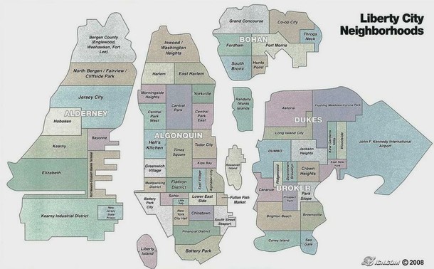 Karte von Liberty City im Videospiel "Grand Theft Auto IV", mit den Bezirken, die mit ihren realen Äquivalenten gekennzeichnet sind.
