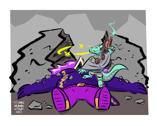 big demon lies down defeated and dizzy from a big fall that fell on his head after brave inventor kobold destabilized it to defeat the bad guy! Tags: furry, scalie, anthro, artfight, artfight2025, teamfossils, kobold, inventor, tiny, cute, happy, victory, defeated, villain, supervillain, skullface, demon, musclechub, shirtless, koed, dizzy, stars, pride, devil, goggles, blaster, davidvsgoliath