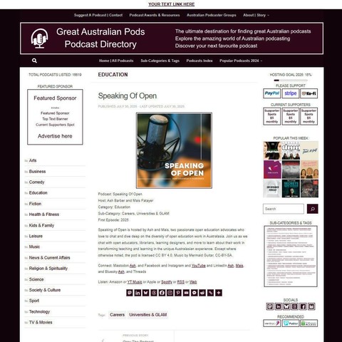 Speaking Of Open
Screenshot of the podcast listing on the Great Australian Pods website