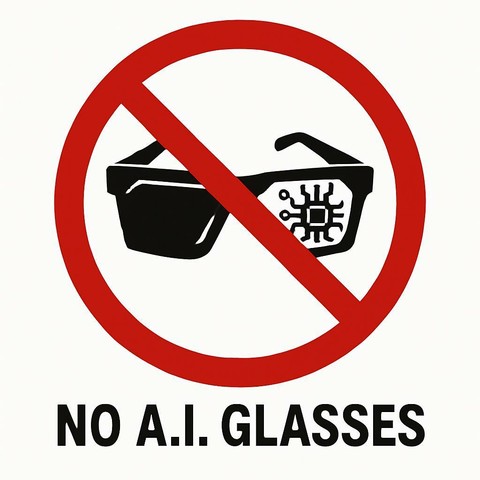 A prohibition sign on a white background. The sign features:
    1. A thick, bold red circle as the outer boundary.
    2. A bold red diagonal line extending from the top-left corner to the bottom-right corner, crossing through the circle’s center.
    3. Centered inside the circle: a minimalist, black, flat-design icon of futuristic smart glasses.
    4. Below the circle: The text "NO A.I. GLASSES" in bold capital black letters.