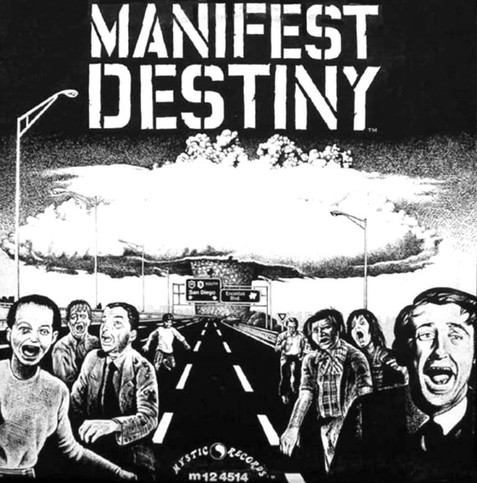 Manifest Destiny 1980s album cover, nuclear cloud and people running down the freeway, black and white drawing