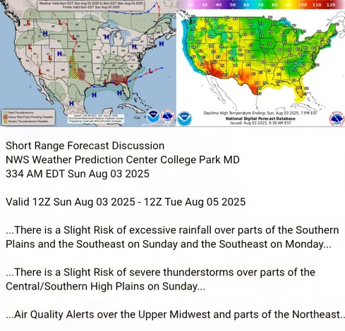 Valid 12Z Sun Aug 03 2025 - 12Z Tue Aug 05 2025

...There is a Slight Risk of excessive rainfall over parts of the Southern
Plains and the Southeast on Sunday and the Southeast on Monday...

...There is a Slight Risk of severe thunderstorms over parts of the
Central/Southern High Plains on Sunday...

...Air Quality Alerts over the Upper Midwest and parts of the Northeast..