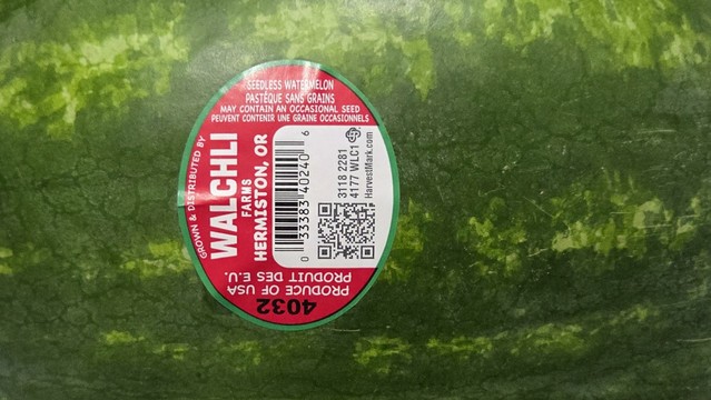 A label on a watermelon declaring that this is no ordinary watermelon. It is a Hermiston watermelon.