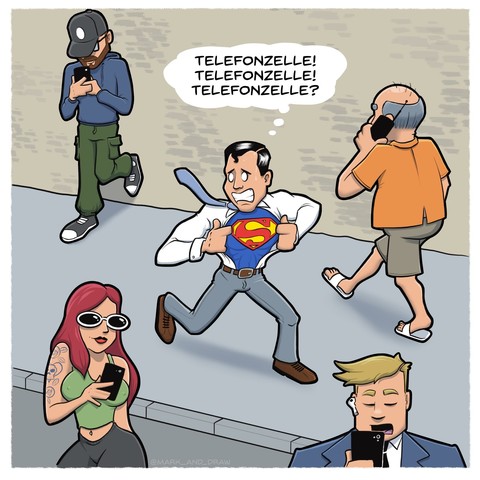 Ein Cartoon zeigt Clark Kent in einer Notlage. Der Superheld sucht eine Telefonzelle, um sich als Superman umzuziehen, aber um ihn herum sind alle Menschen mit Mobiltelefonen ausgestattet.