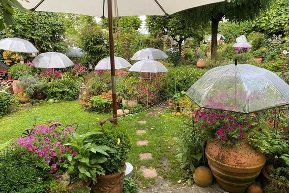 Ein Garten: Eine Wiese, die von Blumeninseln gesäumt ist. In den Inseln stecken viele durchsichtige Regenschirme.
