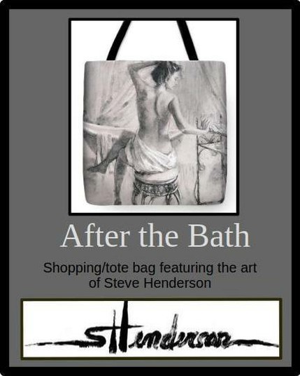 Tote/shopping bag with an art image of a woman sitting in the bathroom, holding her hair up while she looks for a pin.