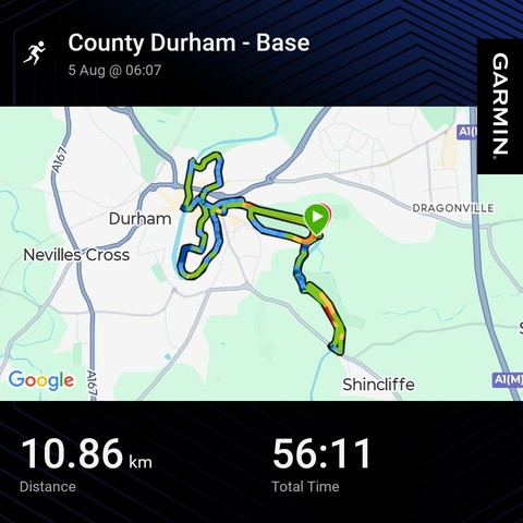 Garmin activity showing a running loop. 10.86km 56min