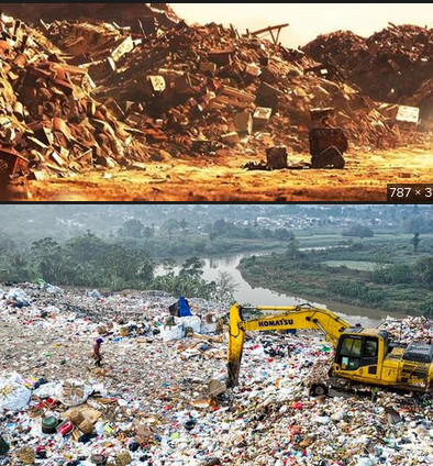 une image séparée en 2 horizontalement
en haut une capture du film d'animation Wall-E, le robot, au milieu des déchets
En dessous, une image réelle d'une montagne de plastics brassée par une pelle-mécanique
