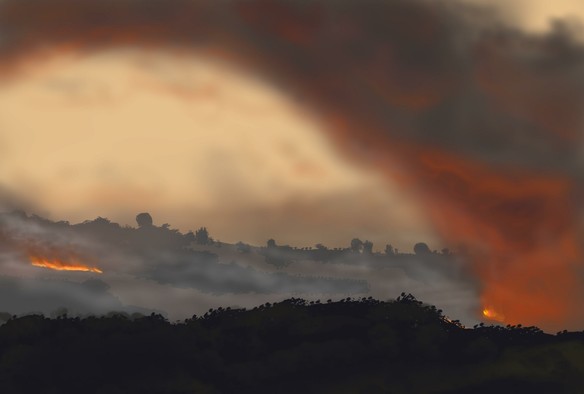 Digital painting of a forest fire, from a distance. Two fires are active: one of the far disatance, as a line of smoking fire. Towards the right foreground is a fire part-obscured by the near-foreground treeline. The sky is grey-peach. A dirty smoke cloud dominates the right side, drifting up to the left.