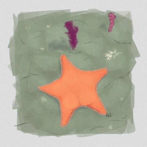 A digital painting of a orange starfish, looks like Patrick from Sponge Bob, it has a small fold between two of the arms, and looks like a funny butt. Background is green.