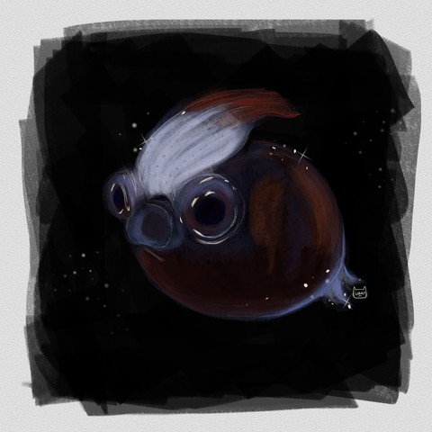A digital painting of a translucent squid, with white and red tentacles, and some blue-ish and dark red body. The squid is small and round, looks like a baloon, and has big dark eyes, and a mouth looking like a D. Background is dark blue, almost black.