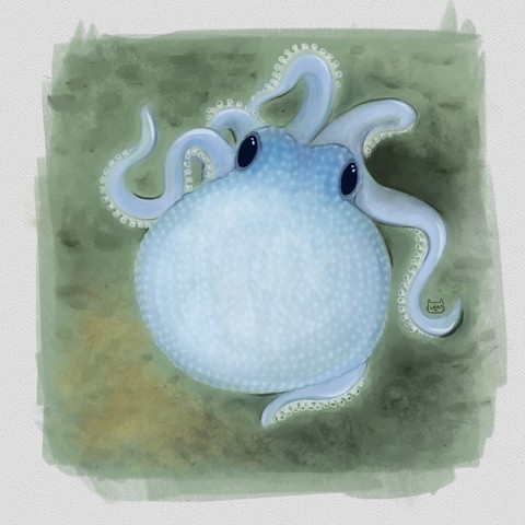 A digital painting of a light blue octopus, seen from above. Is round and cute and has dark eyes. Texture is like bubbles. Background is green hues.