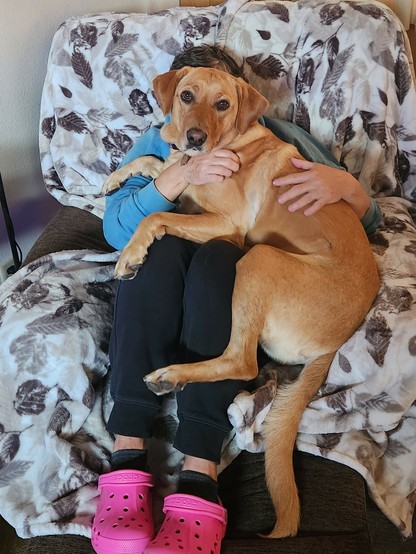 A grandma wearing a turquoise hoodie and pink crocs is sitting in a blanket covered recliner. A golden lab in sitting in her lap and looking back at the camera.