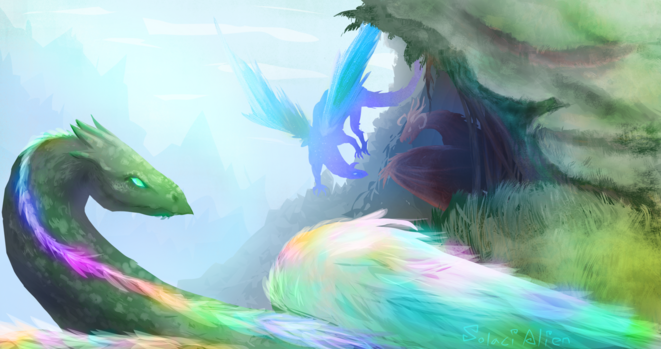 Three dragons and a background with distant mountains or something like that and one of the dragons is angrily hiding in a cave of sorts.