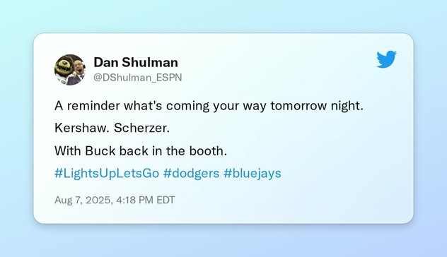 A reminder what's coming your way tomorrow night.

Kershaw.  Scherzer.  

With Buck back in the booth.

#LightsUpLetsGo #dodgers #bluejays