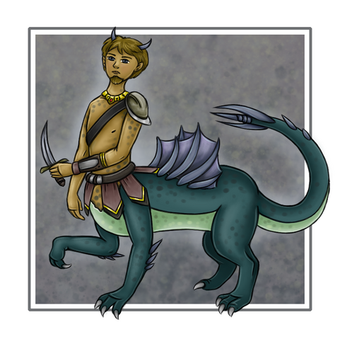 Cartoon style drawing of of a centaur with lower body part of dragon. He has dark blonde hair and small horns and is shirtless, with single shoulder armor and gold necklace. He is carrying a dagger. Dragon body part is dark green, brighter on belly side. It has fin-like appendages and spikes on tail's tip. This creature is depicted on blurry gray background.