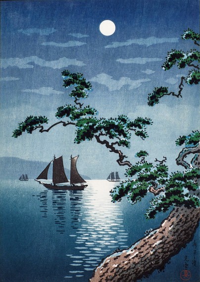 A full moon shines down out of a starless night sky, silvering the branches of a wiry pine tree standing in the foreground. Beyond, sailboats cross the Seto Inland Sea, moonlight reflecting off the calm surface of the water. Further on, the shadowy shape of Awaji Island draws a curve across the misty horizon.
