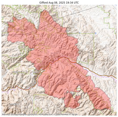 Visual map representation of the Gifford wildfire, showing the perimeters of the 104401.72630162581 acre fire on a map.