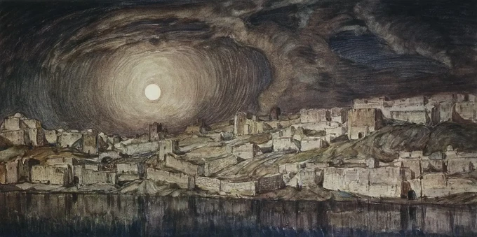 we see a city or town on the water's edge, with the moon shining brightly through towering clouds in the sky.  The buildings are simple and ancient looking.  the water is totally flat, no waves or wind breaking up the surface.  On the shore are only buildings and hills, there are no signs of life, no lights, it could be empty, a ghost town.