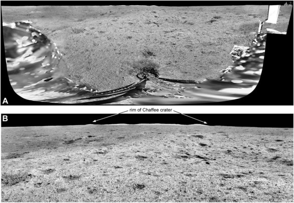 A half-panorama from Chang'e 6 showing the view from west (at left) to north (middle) to east (right edge). I intended to fill a gap at top right where the flag is, but have not done it yet. Hills of a distant crater rim (Chaffee crater) are indicated in the closeup view.