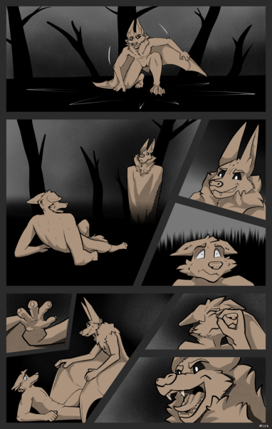 Digital mostly monochrome comic page. A vampire bat furry catches the fallen fox