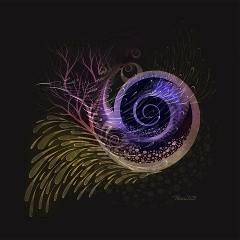 watercolour & pencil; a spiral holds 2 levels of pebbles and its end sprouts branches, on the lower left, a wave of drops cascades downwards, 
dark background with the image in shades of purple, mauve and sand brown.
