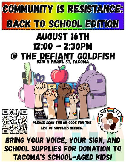 Besides text of post, poster sez "Bring your voice, your sign, & some school supplies" w qr code for list of needs 
Sponsored by Grit City Collective
