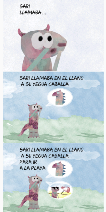 Páginas de un cuento infantil, los personajes son una monstruita simpática y su yegua, ambas hechas con recortes escaneados. El fondo es digital e imita un campo pintado con acuarela. 
El texto dice:

"Sari llamaba,
Sari llamaba en el llano a su yegua Caballa
Sari llamaba en el llano a su yegua Caballa para ir a la playa"
