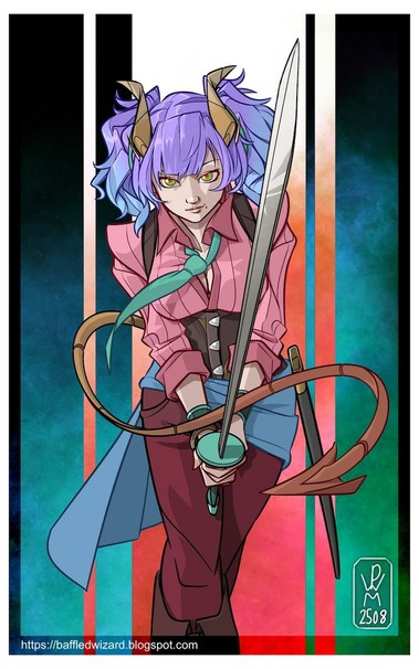 A drawing of a woman with curved horns, a long devil's tail and thick purple hair tied up in pigtails. She's leaning forward towards the viewer, a sword held up in front of her from a low, two-handed guard. She has green eyes tinted red around the iris, pointed ears and is wearing a pleated pink shirt with a loose turquoise necktie, corset, a teal wrap around her hips and burgundy trousers. She's wearing turquoise bracelets and a single gold bangle. The background is a rising blue haze against a black field, with vertical stripes inverting the background directly behind the character (making the haze red against white).