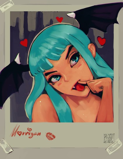 Drawing of Morrigan from the Darkstalkers series, teasing the viewer by pushing her upperlip upwards with a finger. The piece emulates a polaroid frame.